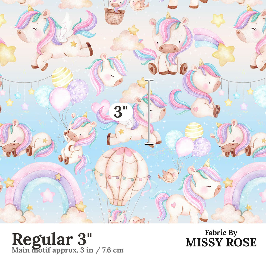 Design 981 Unicorn Air Balloon Fabric Regular 3 inch print scale guide | Fabric by Missy Rose