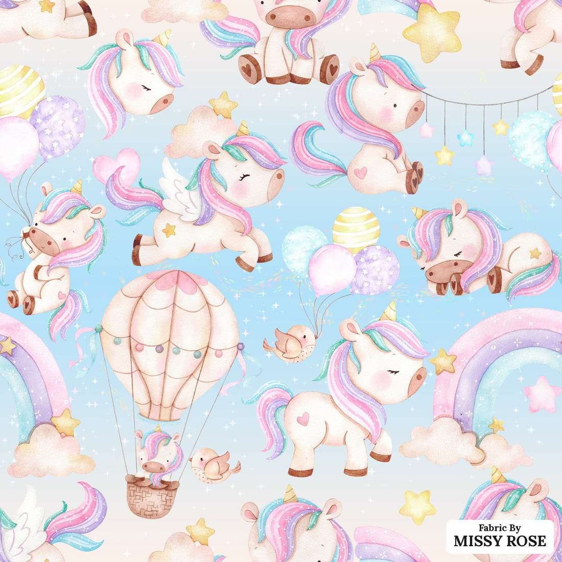 Design 981 Unicorn Air Balloon Fabric – flat view of the print, zoom in for detail | Fabric by Missy Rose