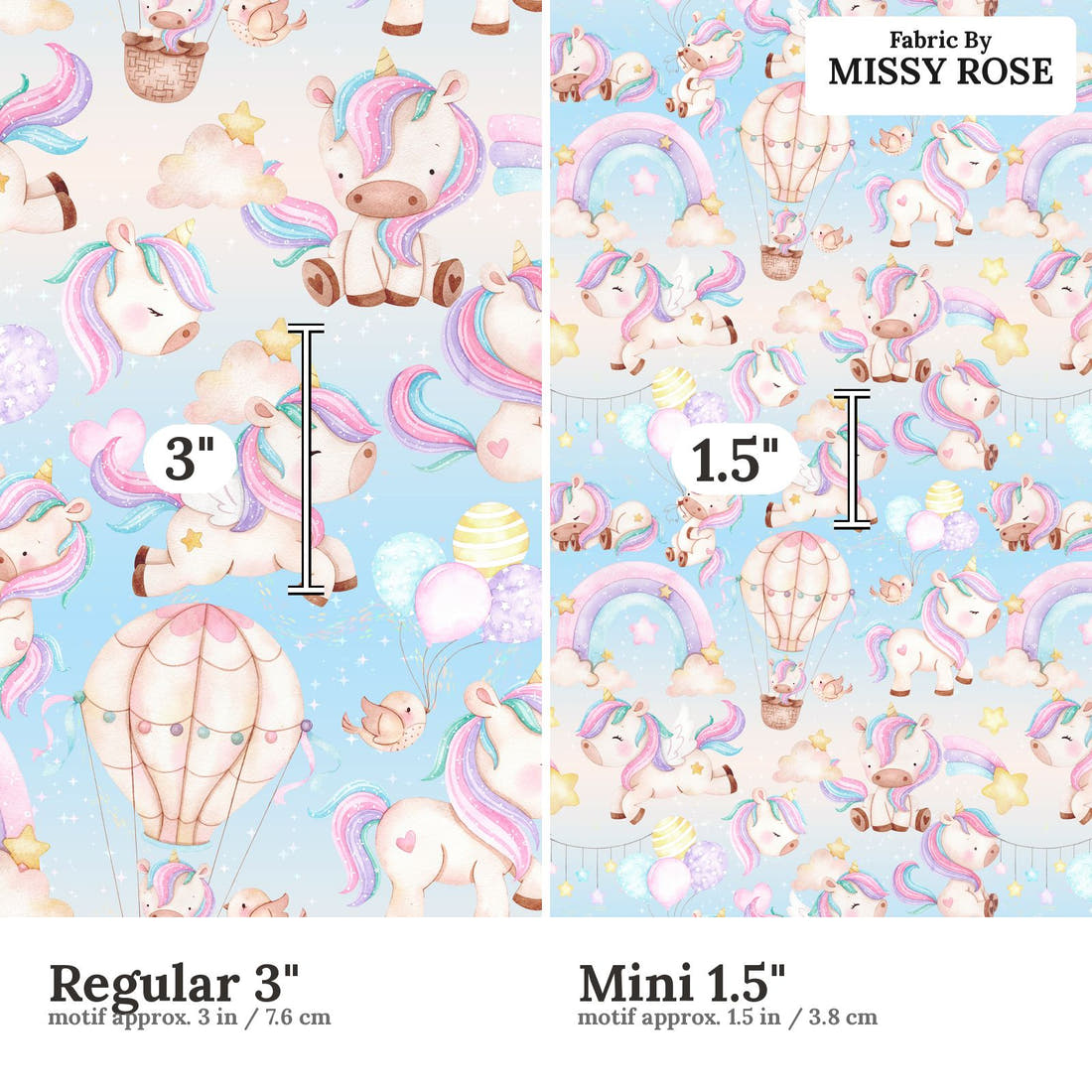 Design 981 Unicorn Air Balloon Fabric Regular 3 inch vs Mini 1.5 inch print scale side by side | Fabric by Missy Rose
