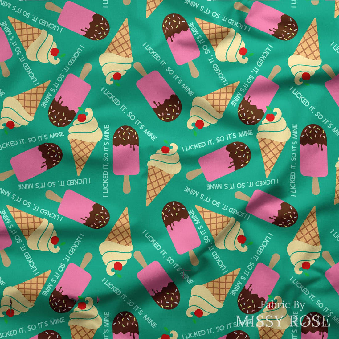 Design 982 Ice Cream Fabric draped fabric mockup – custom printed fabric by the metre | Fabric by Missy Rose