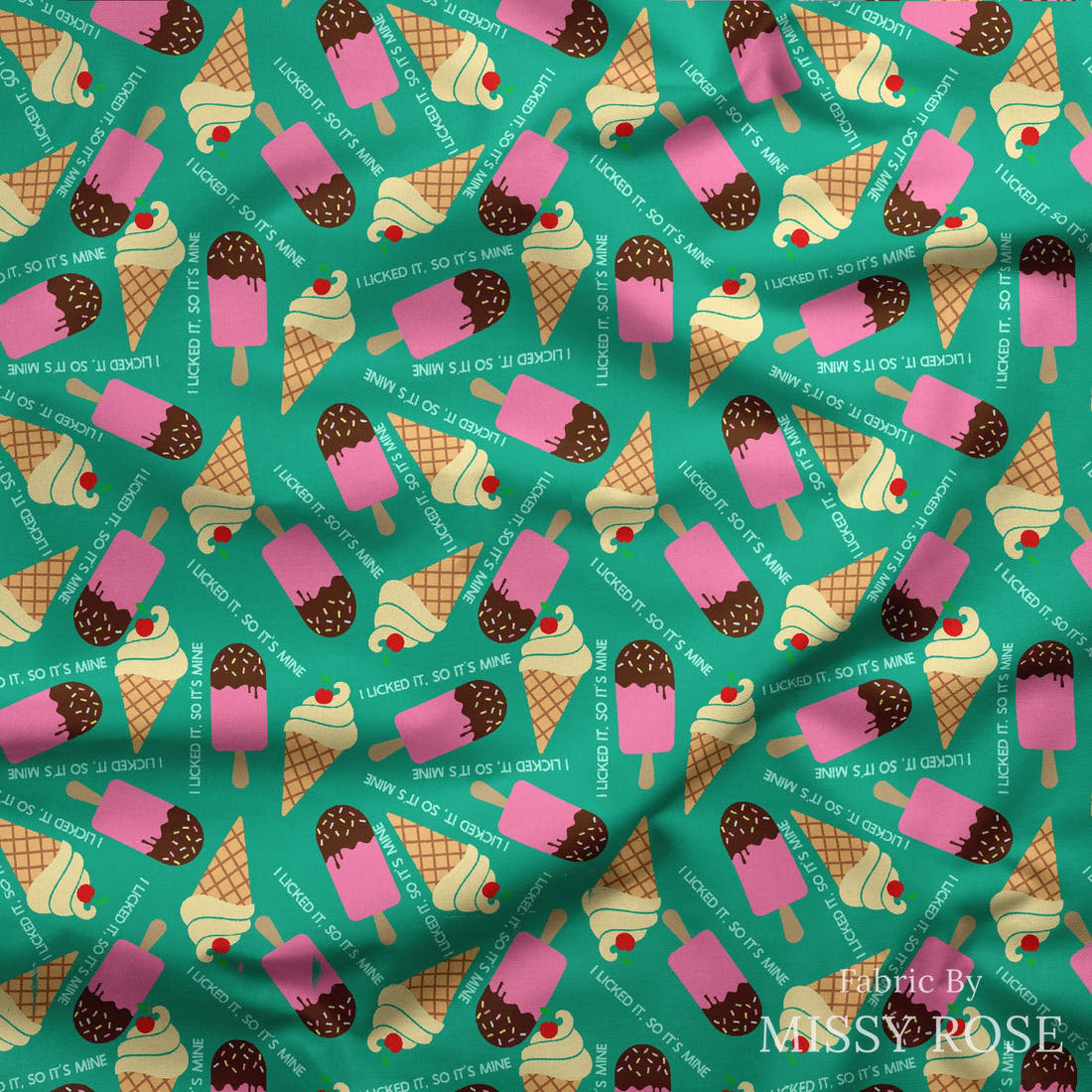 Design 982 Ice Cream Fabric draped fabric mockup – custom printed fabric by the metre | Fabric by Missy Rose