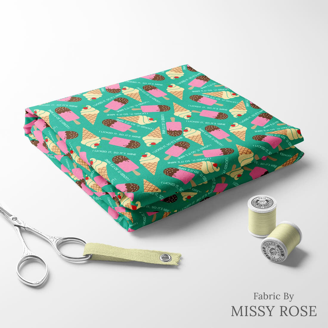 Design 982 Ice Cream Fabric folded fabric stack with matching thread – pre-order fabric Australia | Fabric by Missy Rose