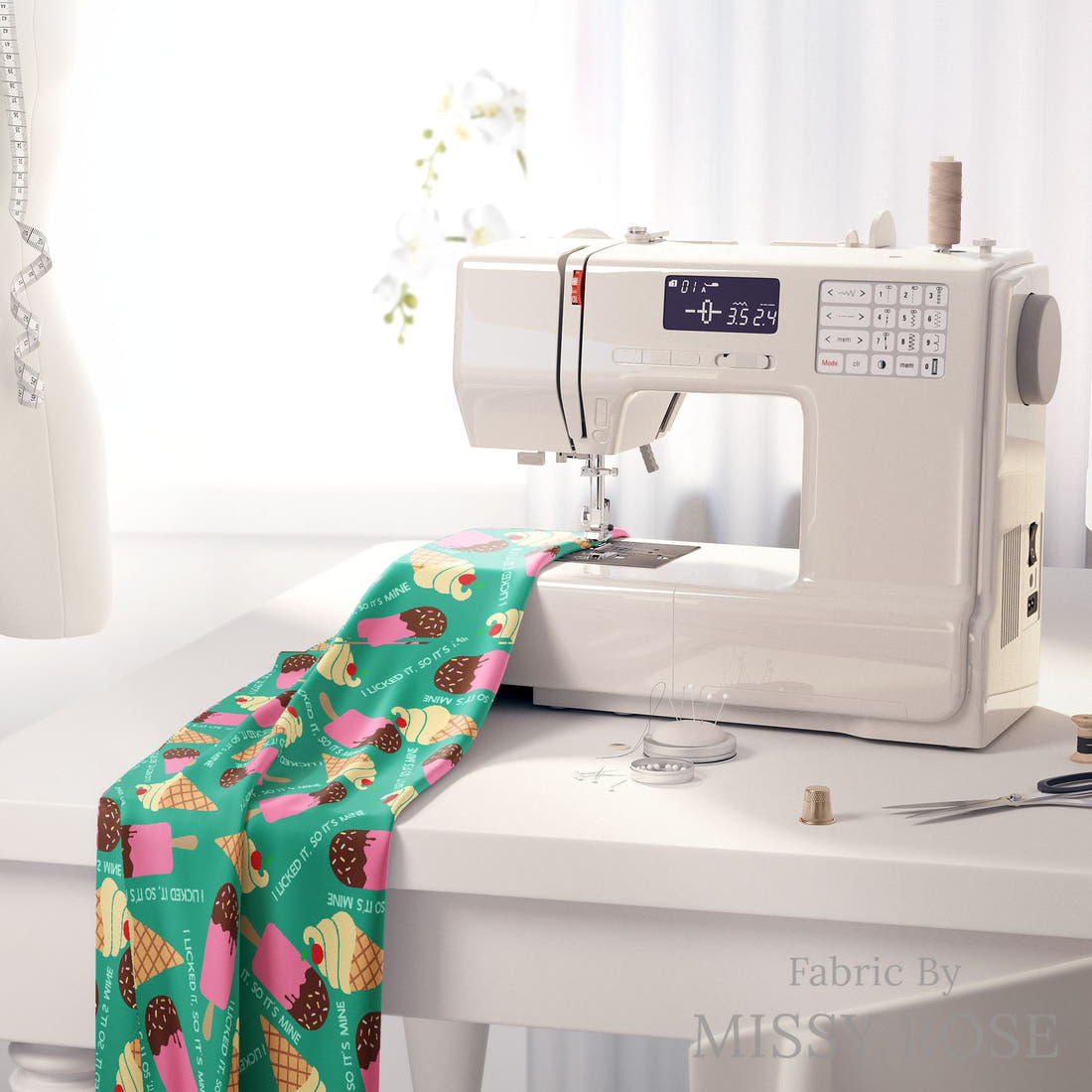 Design 982 Ice Cream Fabric on a sewing machine – premium fabric for sewing projects | Fabric by Missy Rose