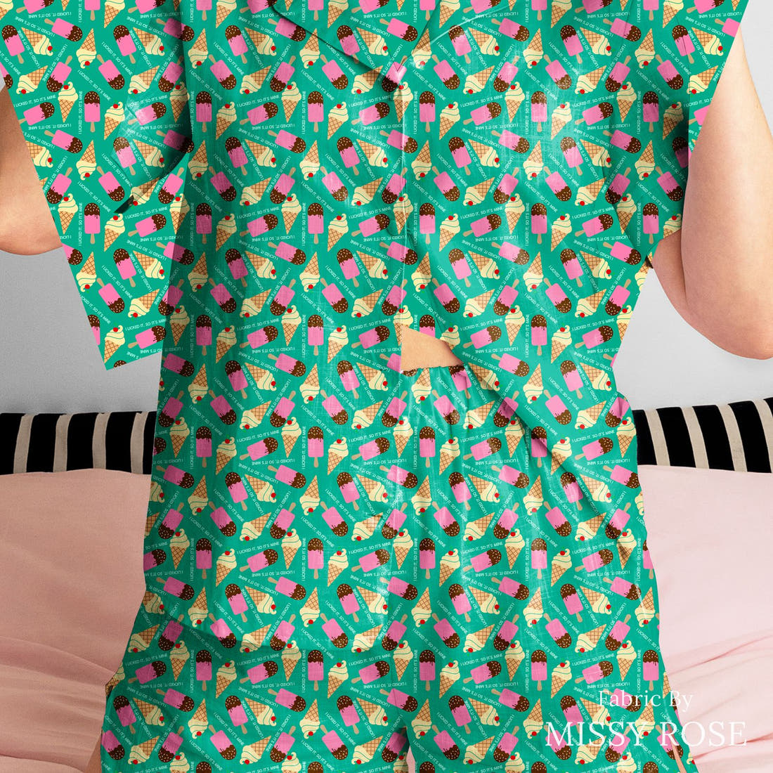 Design 982 Ice Cream Fabric sewn into a women's pyjama set – see how the print looks made up | Fabric by Missy Rose