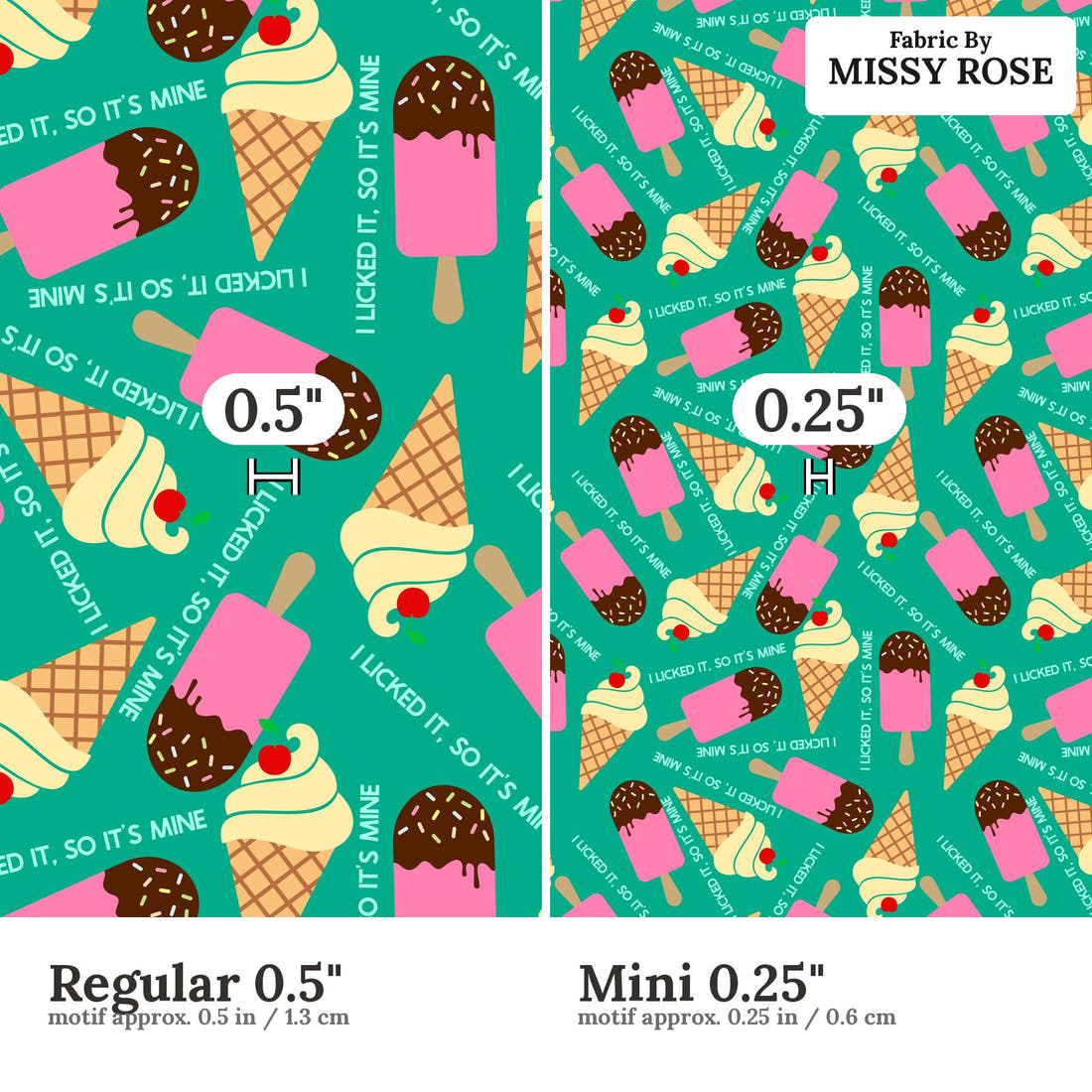 Design 982 Ice Cream Fabric Regular 0.5 inch vs Mini 0.25 inch print scale side by side | Fabric by Missy Rose