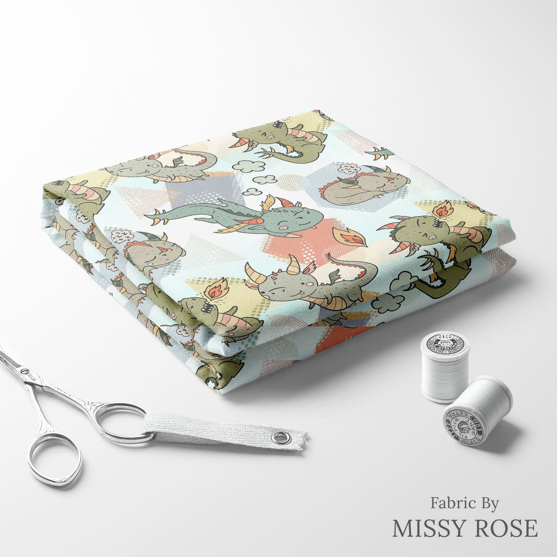 Design 983 Little Dragons Fabric folded fabric stack with matching thread – pre-order fabric Australia | Fabric by Missy Rose