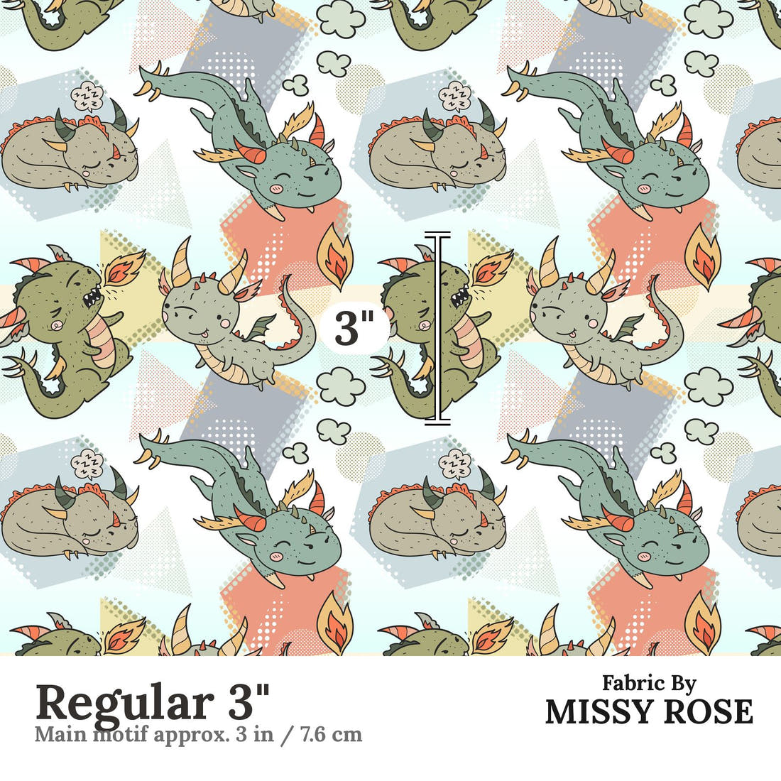 Design 983 Little Dragons Fabric Regular 3 inch print scale guide | Fabric by Missy Rose