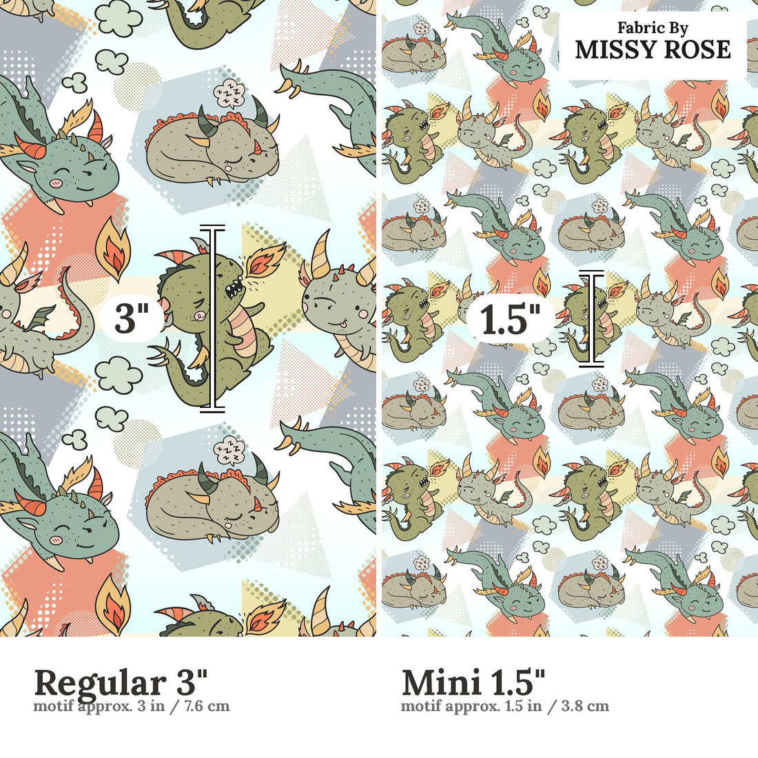 Design 983 Little Dragons Fabric Regular 3 inch vs Mini 1.5 inch print scale side by side | Fabric by Missy Rose