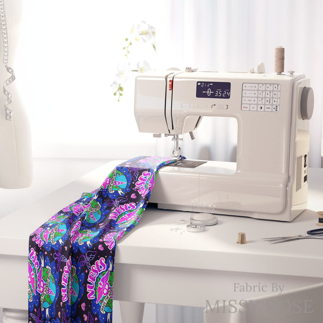 Design 984 Nurses Fabric on a sewing machine – premium fabric for sewing projects | Fabric by Missy Rose