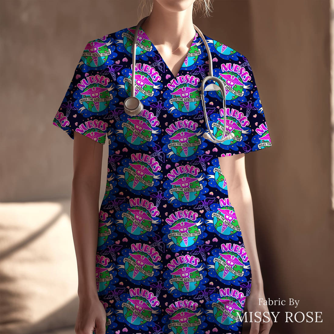 Design 984 Nurses Fabric sewn into a scrubs top – see how the print looks made up | Fabric by Missy Rose