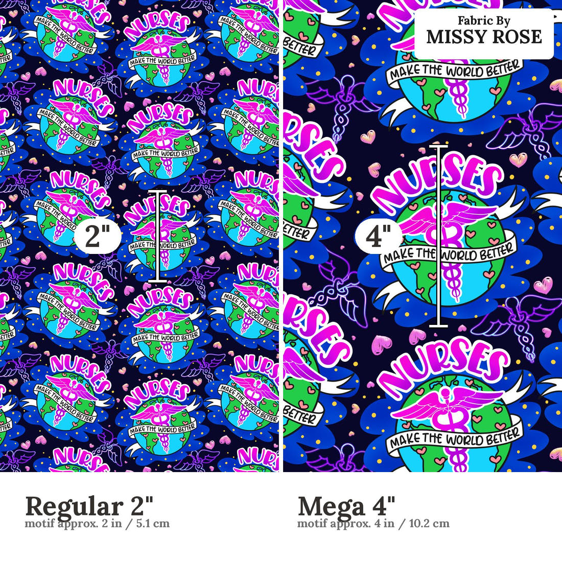 Design 984 Nurses Fabric Regular 2 inch vs Mega 4 inch print scale side by side | Fabric by Missy Rose