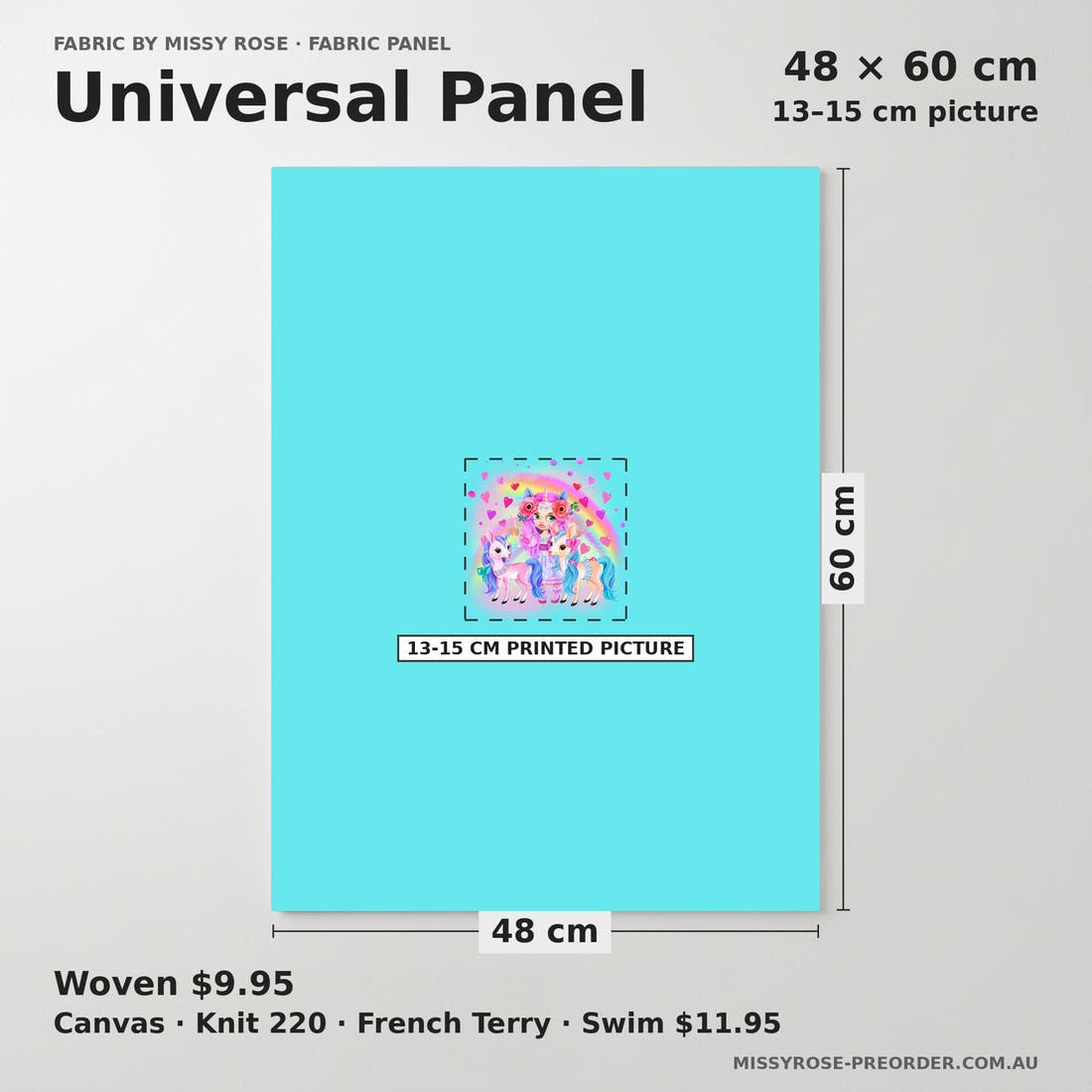 Design 985 Rainbow Unicorn Panel universal panel sizing – 13–15 cm printed picture on 48 × 60 cm fabric | Fabric by Missy Rose