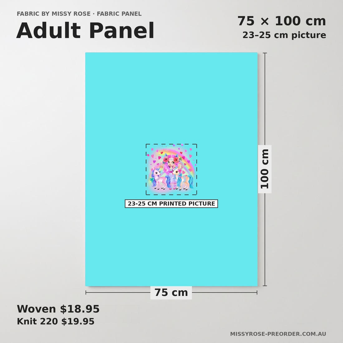 Design 985 Rainbow Unicorn Panel adult panel sizing – 23–25 cm printed picture on 75 × 100 cm fabric | Fabric by Missy Rose