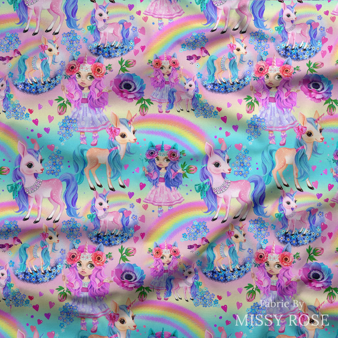 Design 985 Rainbow Unicorn Fabric draped fabric mockup – custom printed fabric by the metre | Fabric by Missy Rose