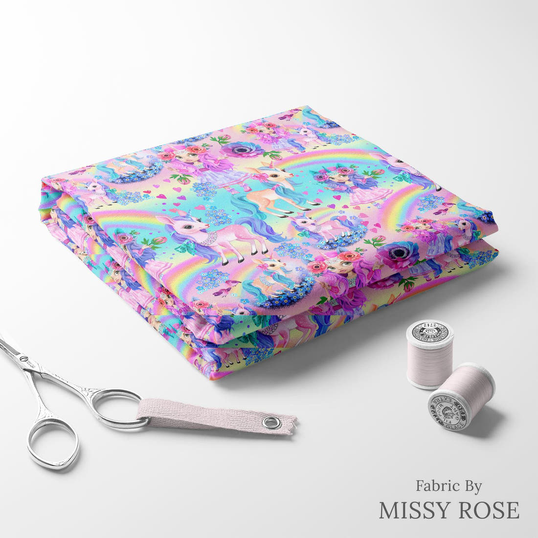 Design 985 Rainbow Unicorn Fabric folded fabric stack with matching thread – pre-order fabric Australia | Fabric by Missy Rose