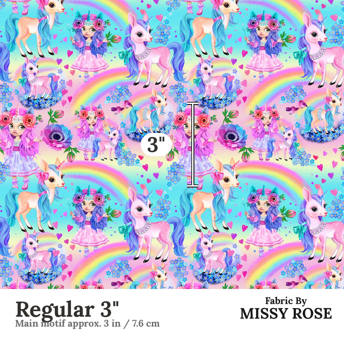 Design 985 Rainbow Unicorn Fabric Regular 3 inch print scale guide | Fabric by Missy Rose