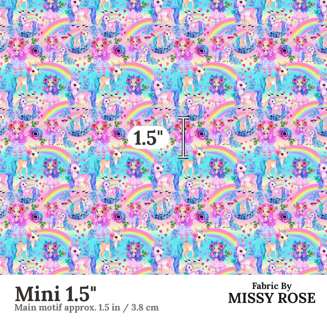Design 985 Rainbow Unicorn Fabric Mini 1.5 inch print scale guide | Fabric by Missy Rose