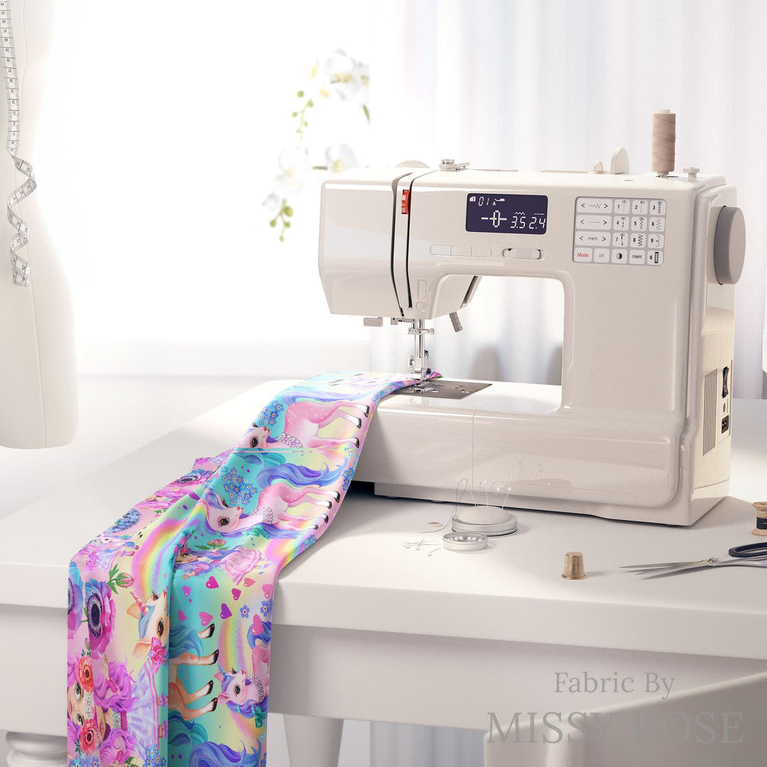 Design 985 Rainbow Unicorn Fabric on a sewing machine – premium fabric for sewing projects | Fabric by Missy Rose