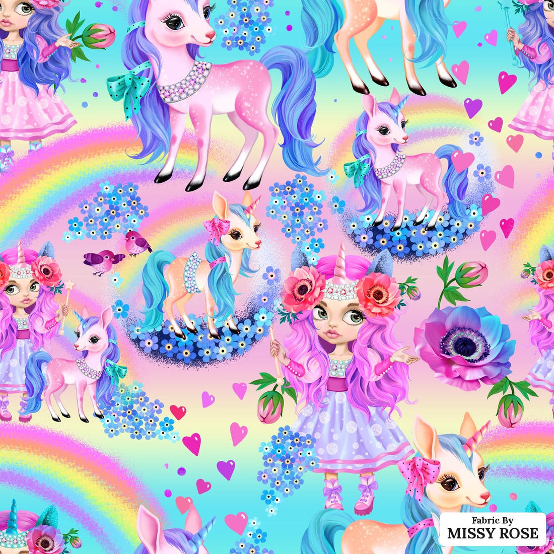 Design 985 Rainbow Unicorn Fabric – flat view of the print, zoom in for detail | Fabric by Missy Rose