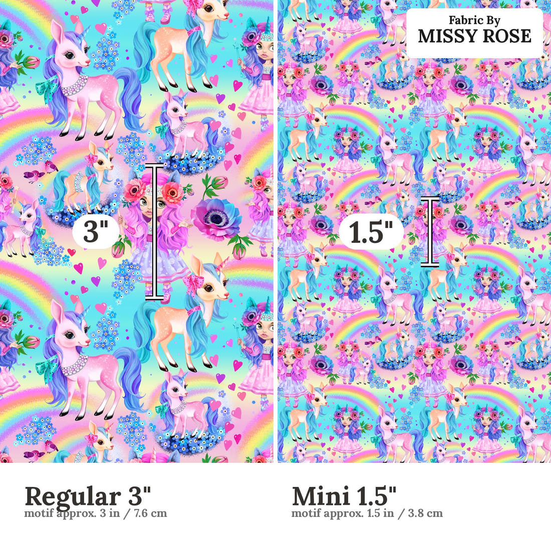 Design 985 Rainbow Unicorn Fabric Regular 3 inch vs Mini 1.5 inch print scale side by side | Fabric by Missy Rose