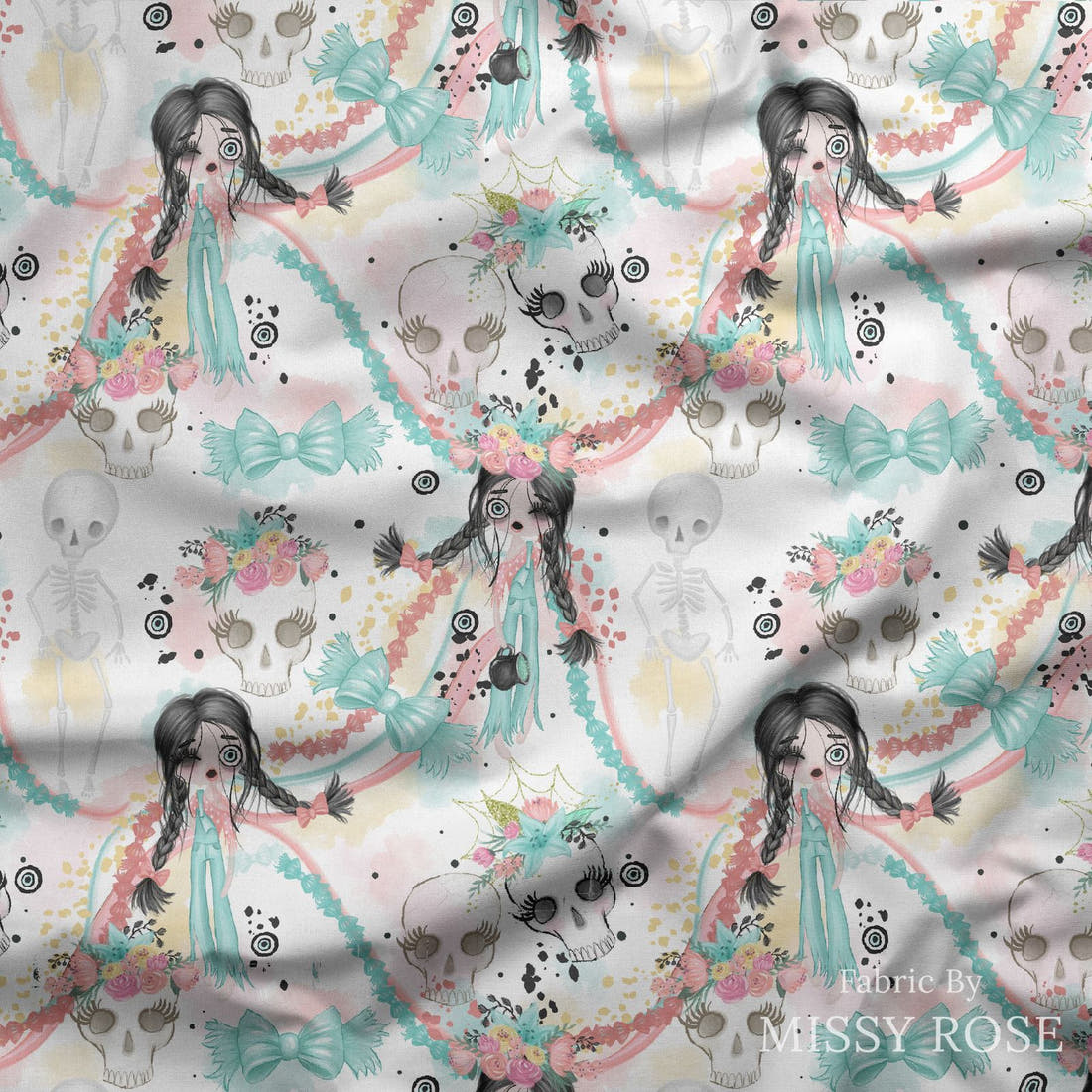 Design 986 Zombie Girl Fabric draped fabric mockup – custom printed fabric by the metre | Fabric by Missy Rose