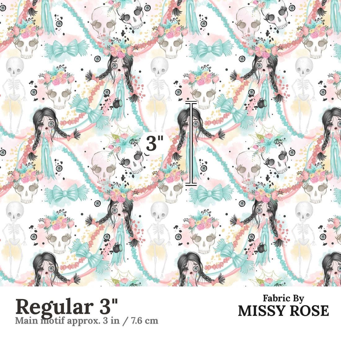 Design 986 Zombie Girl Fabric Regular 3 inch print scale guide | Fabric by Missy Rose