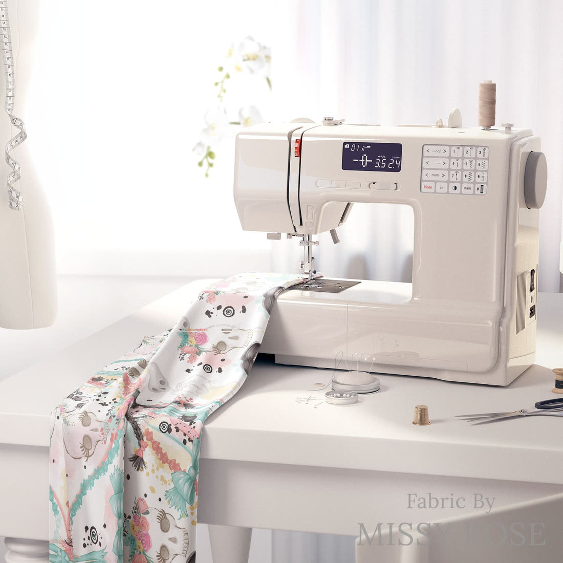 Design 986 Zombie Girl Fabric on a sewing machine – premium fabric for sewing projects | Fabric by Missy Rose