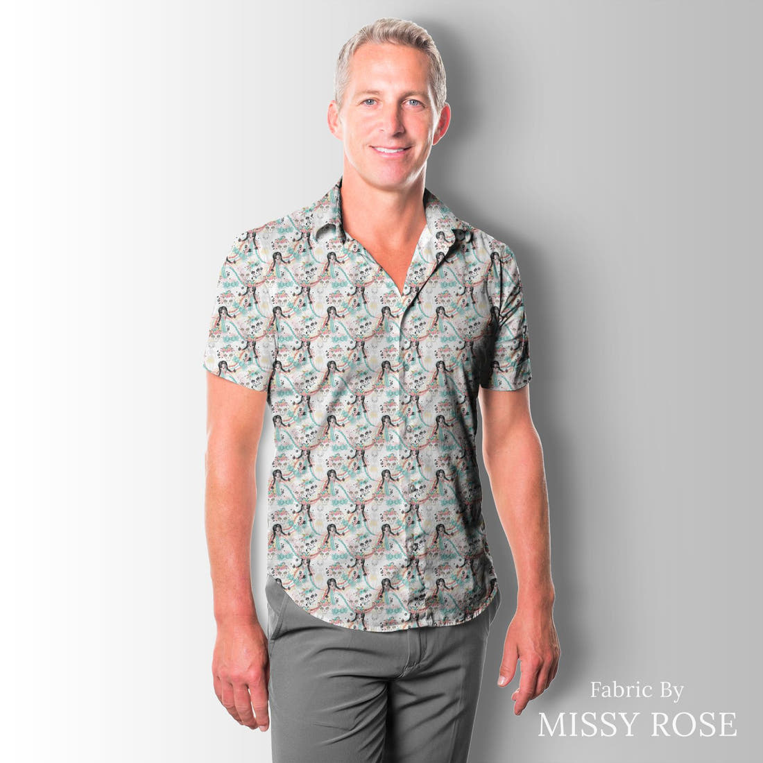 Design 986 Zombie Girl Fabric sewn into a men's shirt – see how the print looks made up | Fabric by Missy Rose