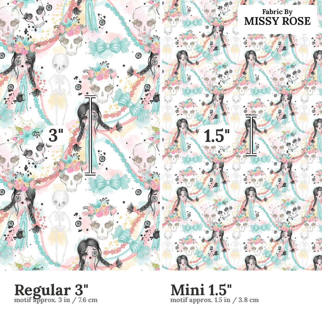 Design 986 Zombie Girl Fabric Regular 3 inch vs Mini 1.5 inch print scale side by side | Fabric by Missy Rose