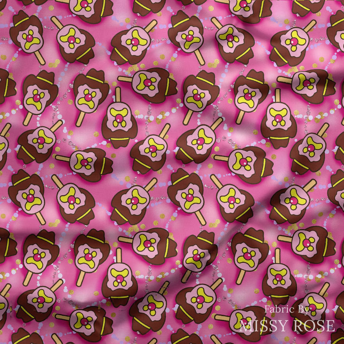 Design 987 Hot Pink Ice Cream Fabric draped fabric mockup – custom printed fabric by the metre | Fabric by Missy Rose