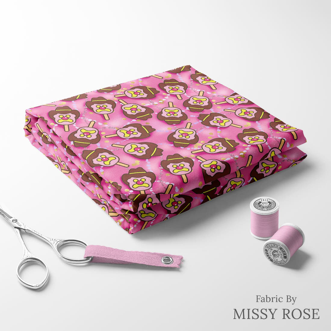 Design 987 Hot Pink Ice Cream Fabric folded fabric stack with matching thread – pre-order fabric Australia | Fabric by Missy Rose