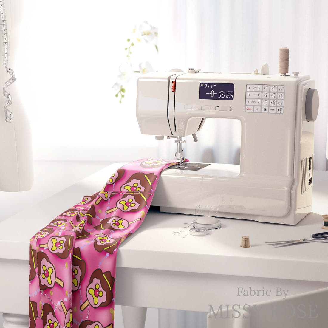 Design 987 Hot Pink Ice Cream Fabric on a sewing machine – premium fabric for sewing projects | Fabric by Missy Rose