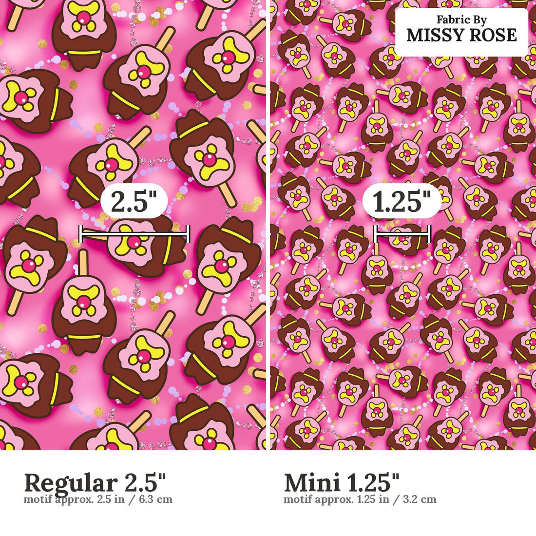 Design 987 Hot Pink Ice Cream Fabric Regular 2.5 inch vs Mini 1.25 inch print scale side by side | Fabric by Missy Rose