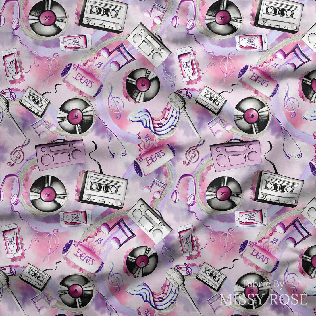 Design 989 Purple Music Fabric draped fabric mockup – custom printed fabric by the metre | Fabric by Missy Rose