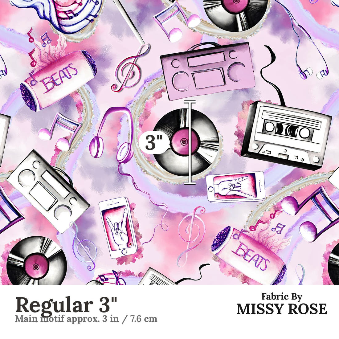 Design 989 Purple Music Fabric Regular 3 inch print scale guide | Fabric by Missy Rose