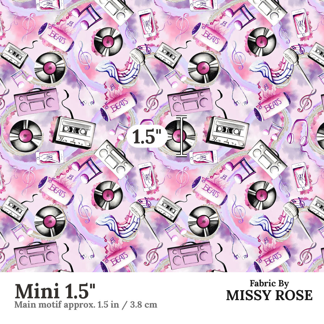 Design 989 Purple Music Fabric Mini 1.5 inch print scale guide | Fabric by Missy Rose