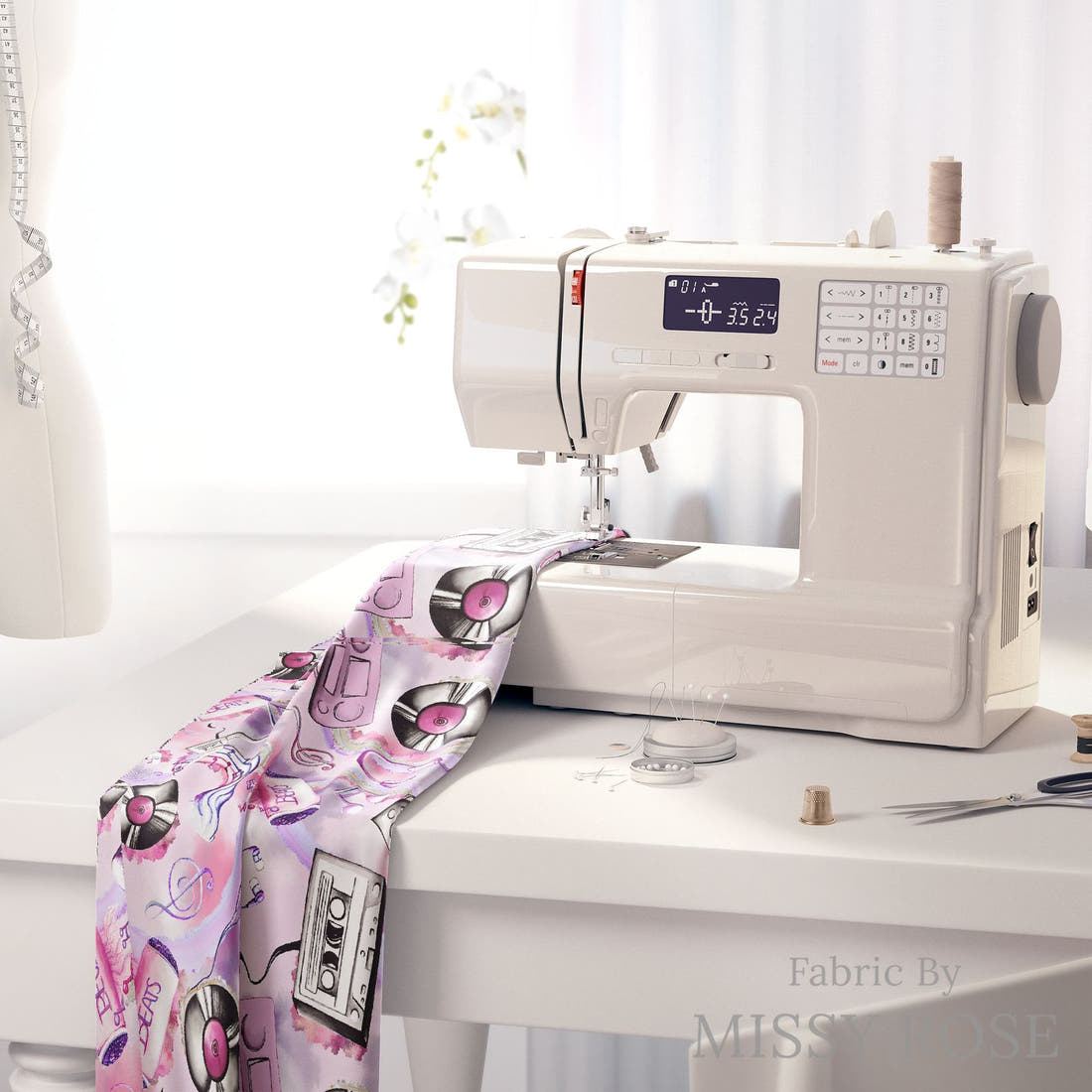 Design 989 Purple Music Fabric on a sewing machine – premium fabric for sewing projects | Fabric by Missy Rose