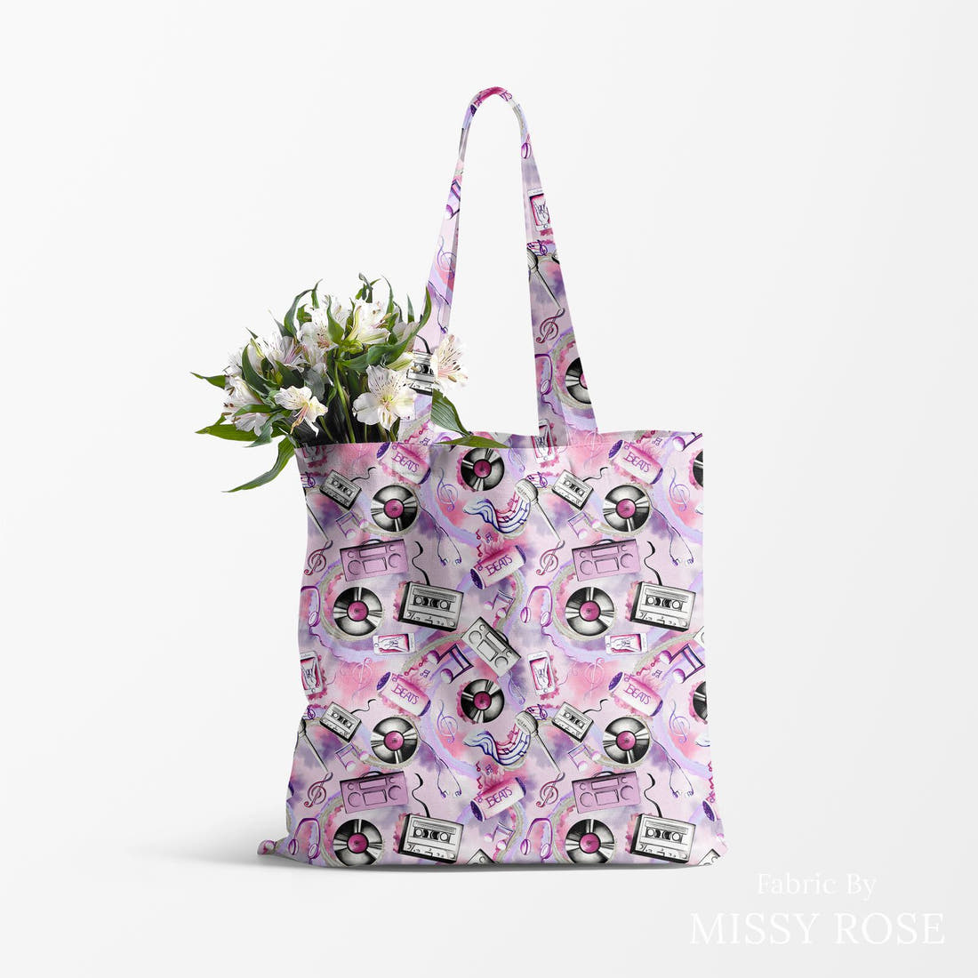 Design 989 Purple Music Fabric made up as a tote bag – see how the print looks made up | Fabric by Missy Rose
