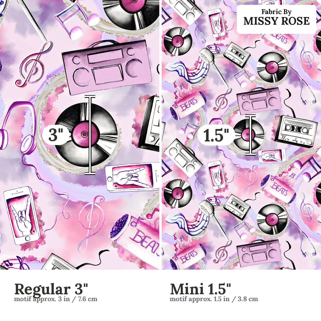 Design 989 Purple Music Fabric Regular 3 inch vs Mini 1.5 inch print scale side by side | Fabric by Missy Rose