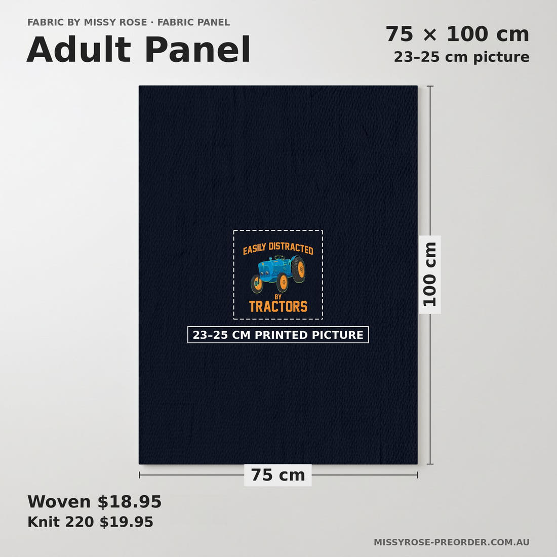 Design 99 Tractor Panel adult panel sizing – 23–25 cm printed picture on 75 × 100 cm fabric | Fabric by Missy Rose