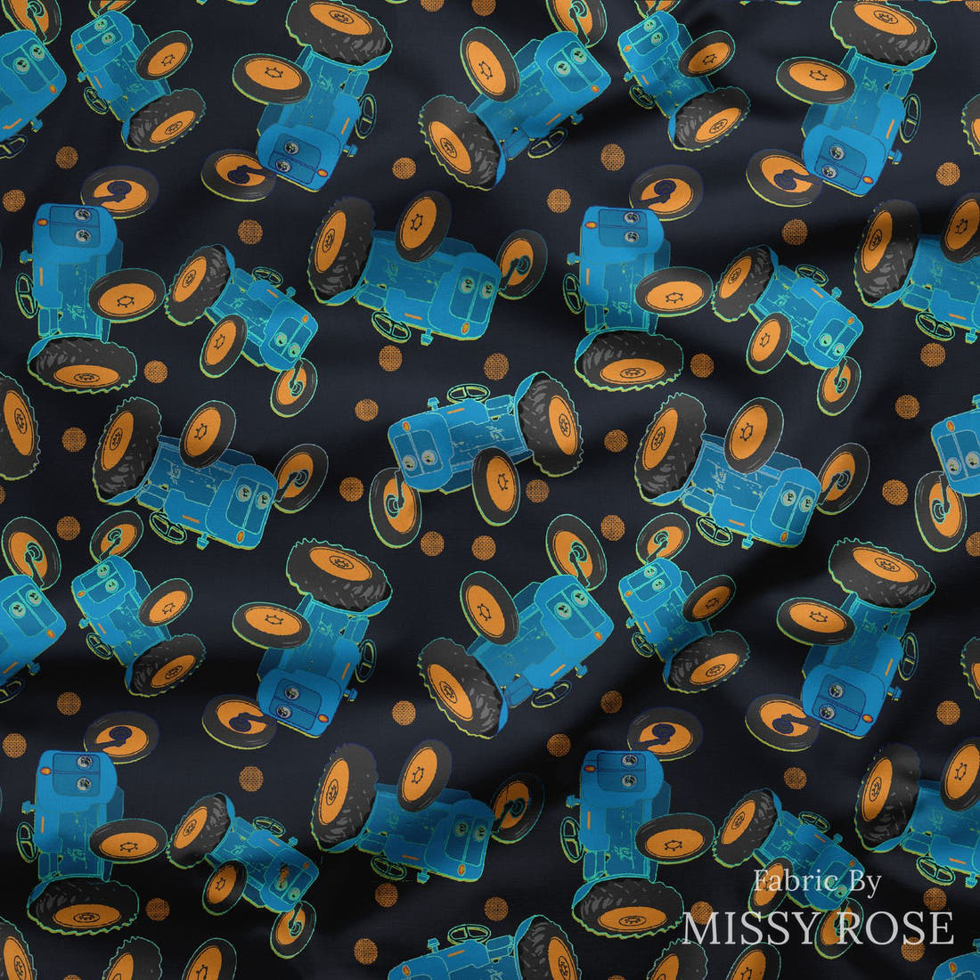 Design 99 Tractor Fabric draped fabric mockup – custom printed fabric by the metre | Fabric by Missy Rose