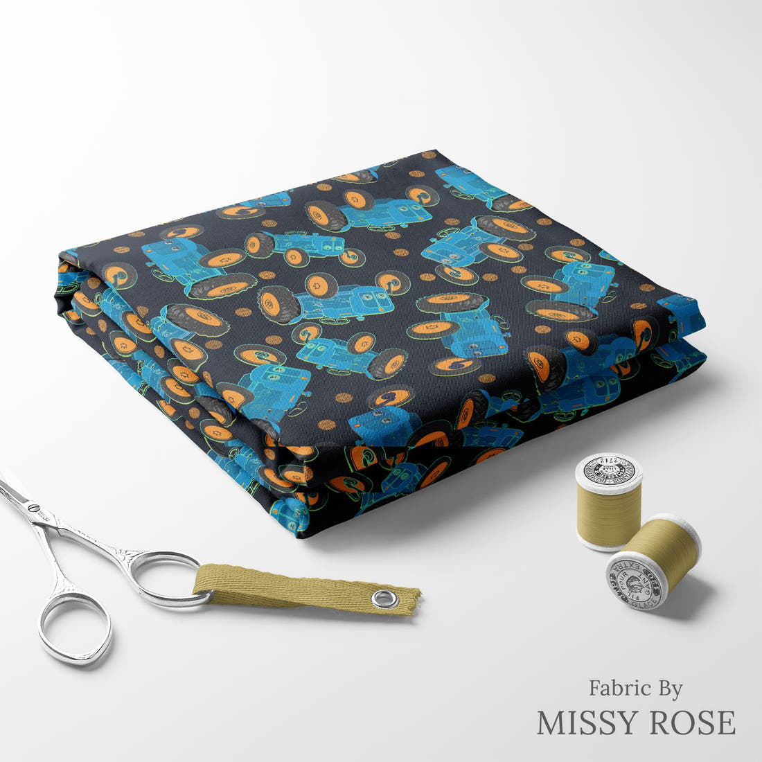 Design 99 Tractor Fabric folded fabric stack with matching thread – pre-order fabric Australia | Fabric by Missy Rose