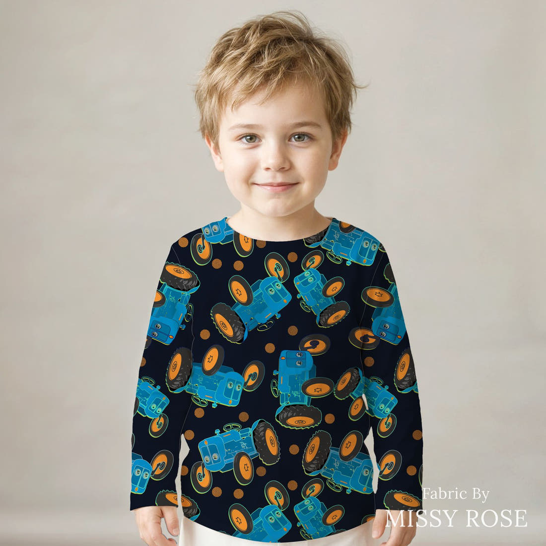Design 99 Tractor Fabric sewn into a kids' long sleeve top – see how the print looks made up | Fabric by Missy Rose