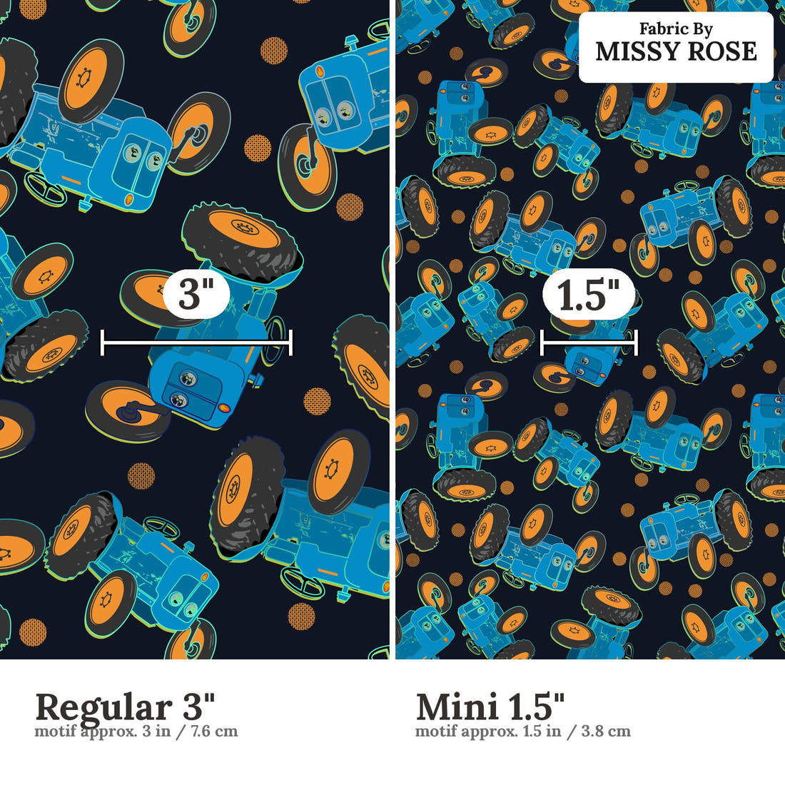 Design 99 Tractor Fabric size comparison - print scale | Fabric by Missy Rose