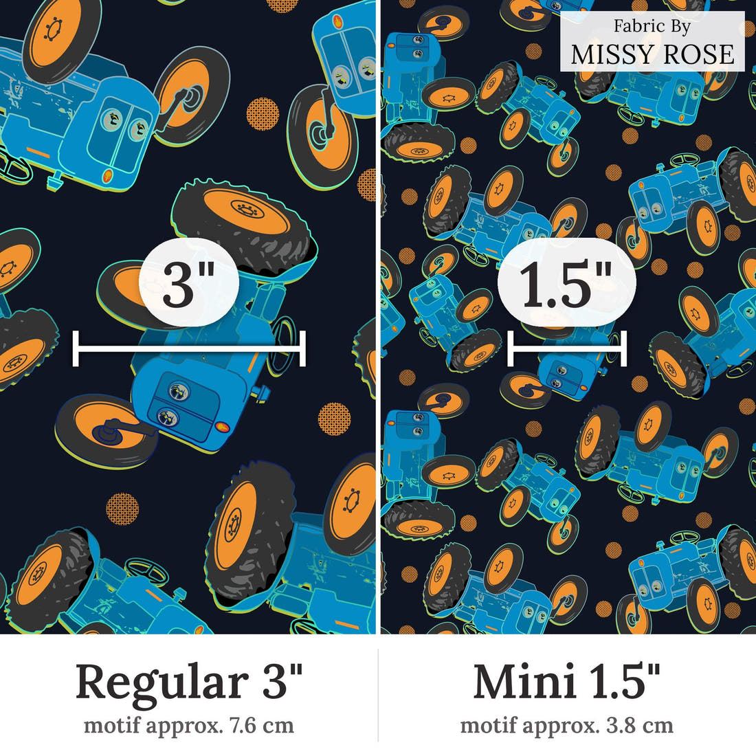 Design 99 Tractor Fabric Regular 3 inch vs Mini 1.5 inch print scale side by side | Fabric by Missy Rose
