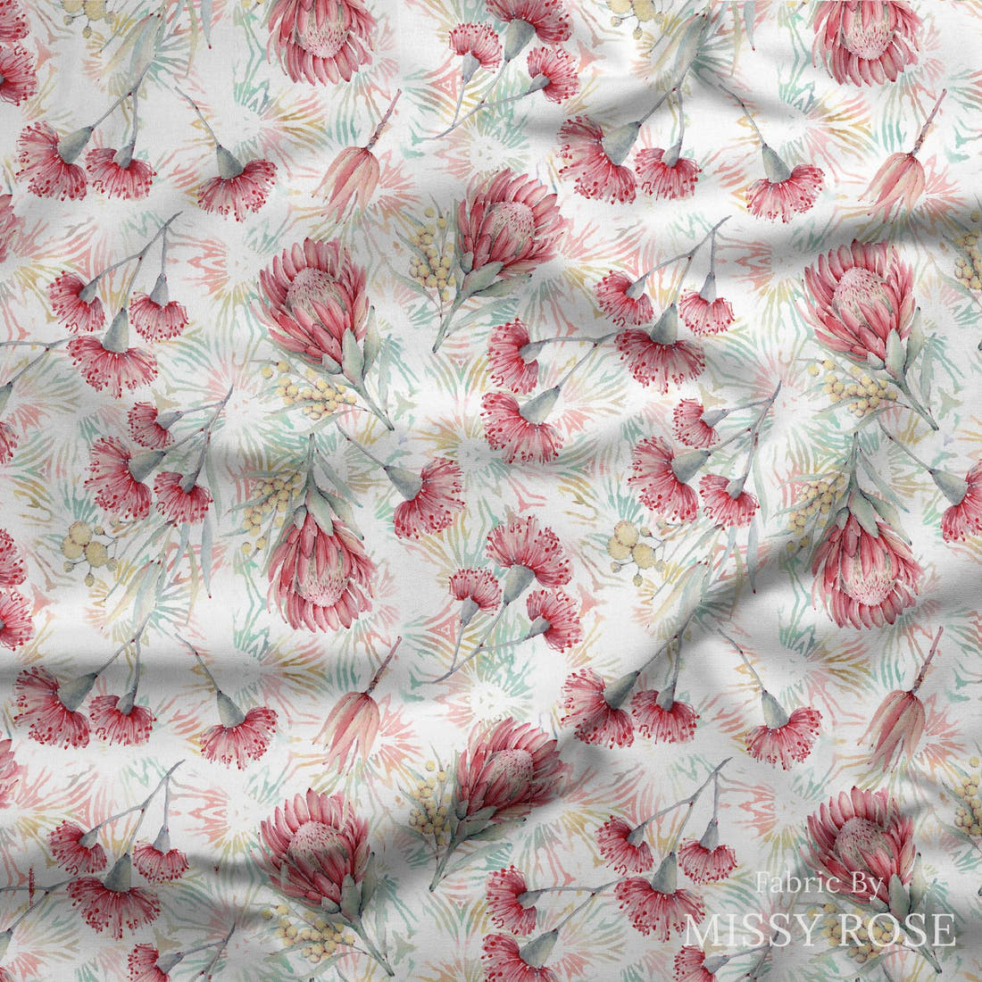 Design 990 Australian Floral Fabric draped fabric mockup – custom printed fabric by the metre | Fabric by Missy Rose