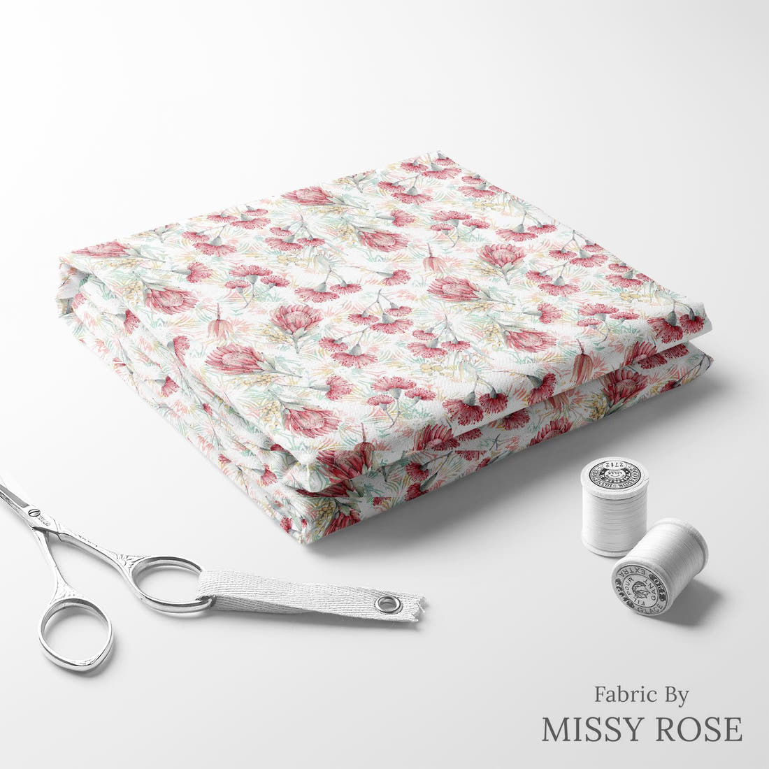 Design 990 Australian Floral Fabric folded fabric stack with matching thread – pre-order fabric Australia | Fabric by Missy Rose