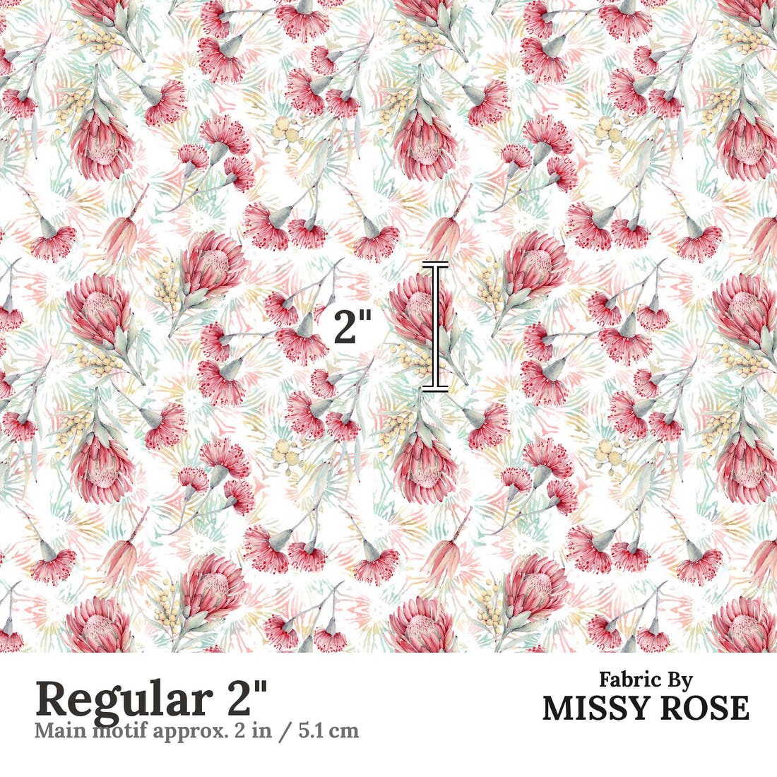 Design 990 Australian Floral Fabric Regular 2 inch print scale guide | Fabric by Missy Rose