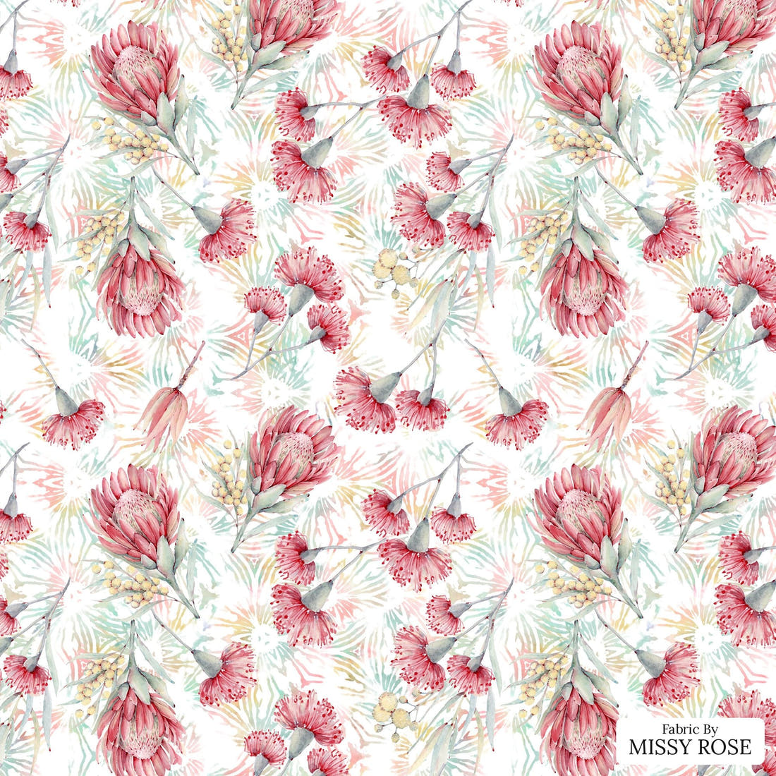 Design 990 Australian Floral Fabric – flat view of the print, zoom in for detail | Fabric by Missy Rose