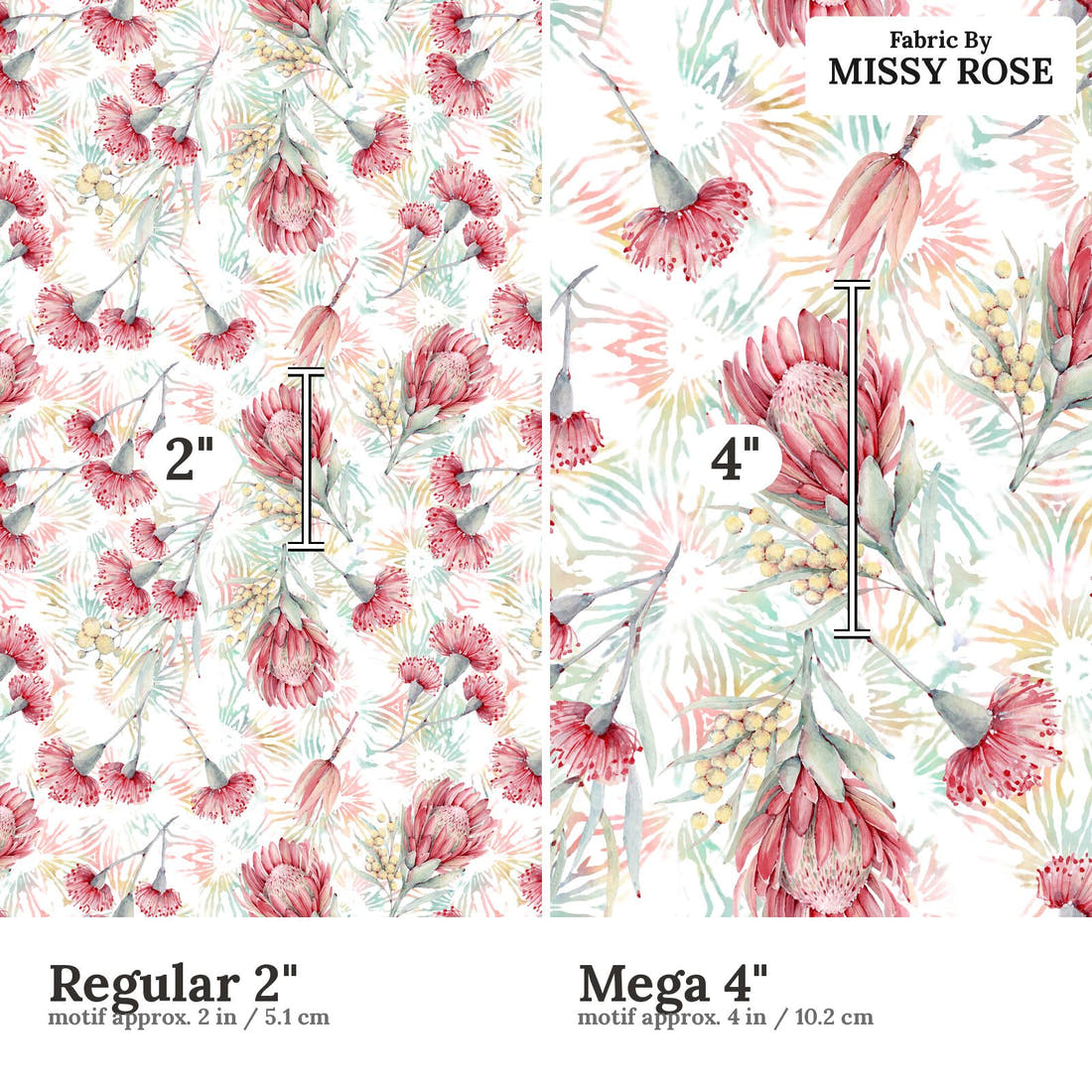 Design 990 Australian Floral Fabric Regular 2 inch vs Mega 4 inch print scale side by side | Fabric by Missy Rose